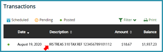 First State Bank of St. Charles checking account with IRS interest payment.