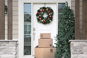 Holiday packages on porch.